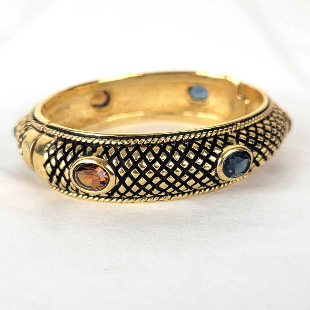 Vintage Cabot Gold Tone Jeweled Hinged Clamper Bracelet - Picture 4 of 8